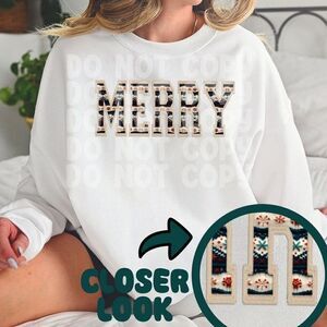 Merry Sweatshirt Christmas Faux Embroidery Crewneck Faux Sweater Holiday Shirt T